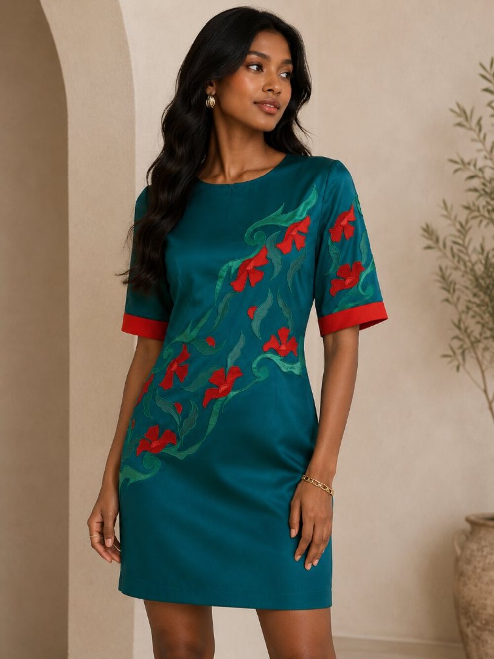 Green Embellished Asymmetrical Midi Dress